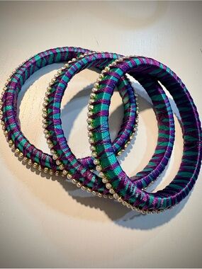 Purple & Teal Thread-Wrapped Bangles with Pearl Trim